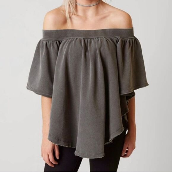 Free People Grey Oversized Off Shoulder Raw Edge Sweatshirt Top - Picture 4 of 14